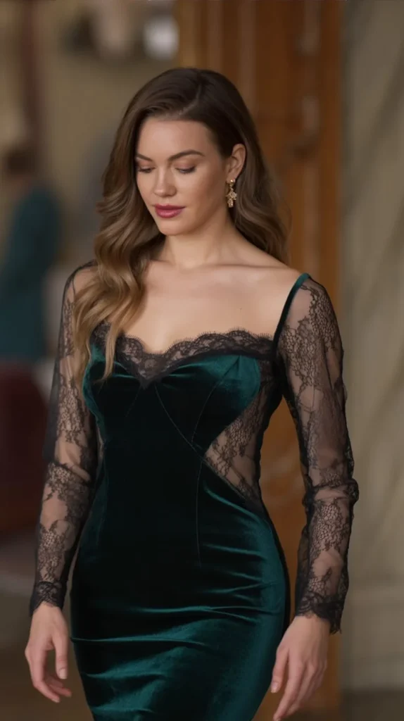 Velvet Bodycon Dress With Lace Panels