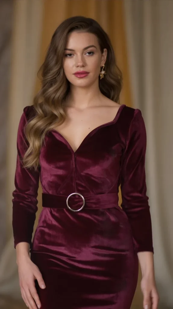 Velvet Bodycon Dress with Belted Waist