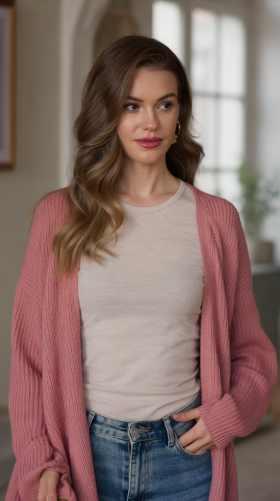 Cardigan Layered Over a Basic Tee