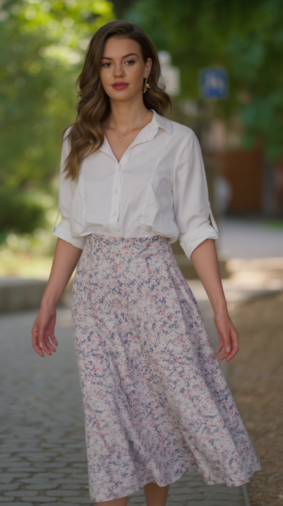 Crisp White Shirt With Midi Skirt