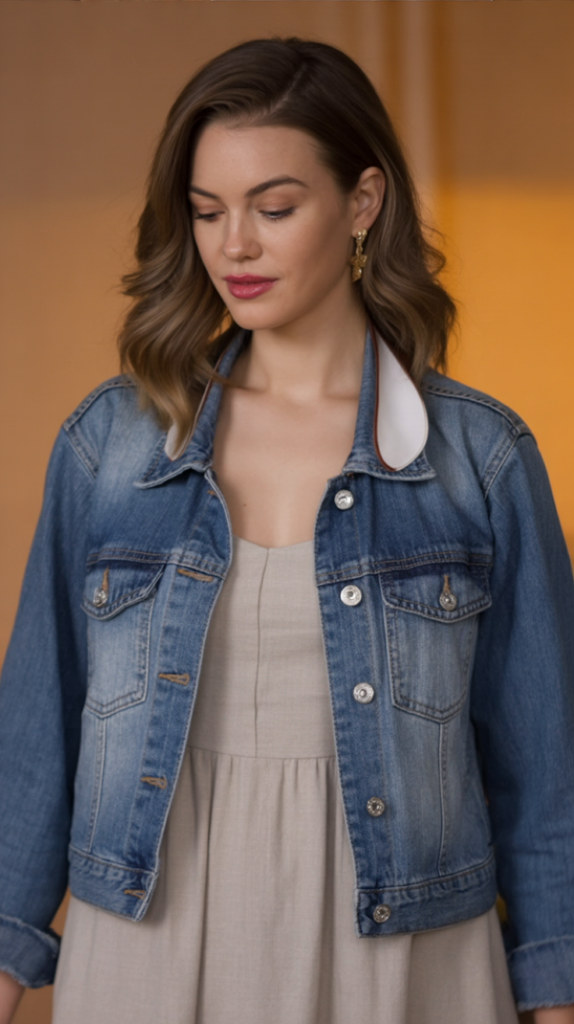 Denim Jacket Over A Neutral Dress