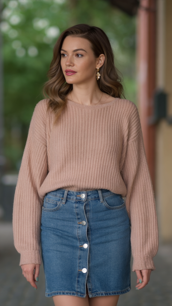 Denim Skirt With Lightweight Sweater