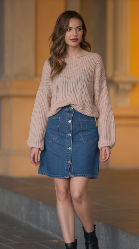 Denim Skirt With a Light Sweater