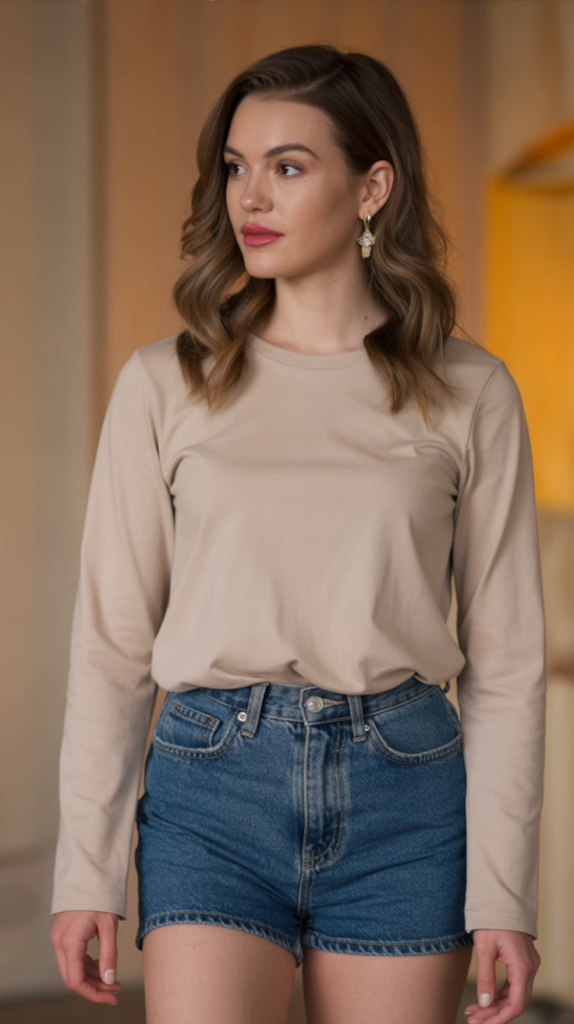 Long Sleeve Tee With Denim Shorts