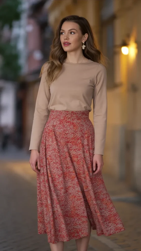 Long-Sleeve Tee With Midi Skirt