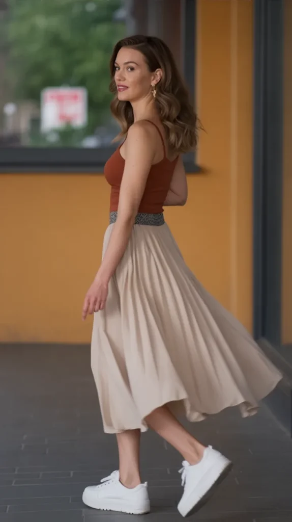 Midi Skirt With Casual Sneakers