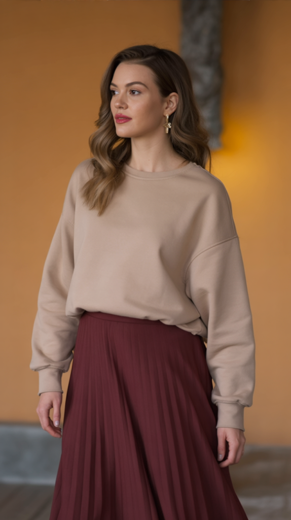 Pleated Skirt With Casual Sweatshirt