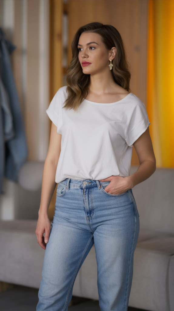 White Tee With Light Wash Straight Jeans